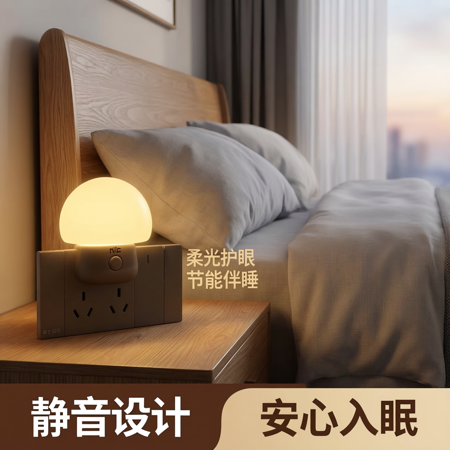 雷士小夜灯蘑菇卧室睡眠灯夜间柔光护眼床头按键插电伴睡节能灯 - 实物图