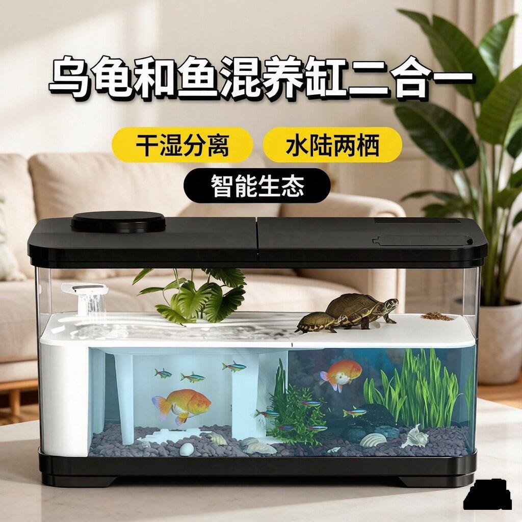 乌龟和鱼混养缸二合一造景缸两用隔离过滤循环一体乌龟升降晒台