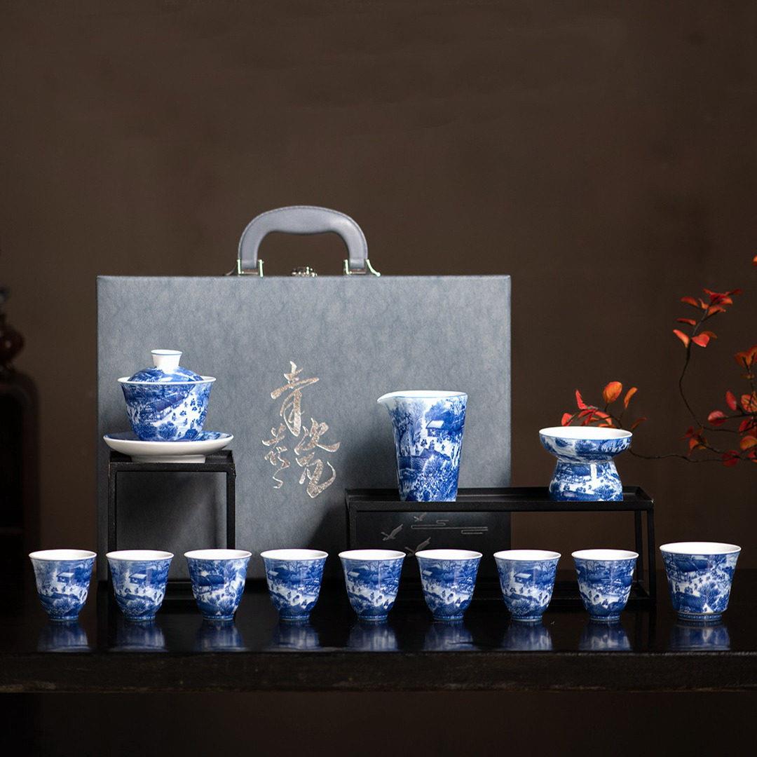 青花瓷功夫茶具景德镇薄胎手绘盖碗茶壶茶杯简约家用整套礼盒装