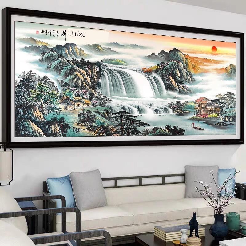 朝日东升十字绣成品,流水,财富,满绣,山水画,客厅,大型纯手