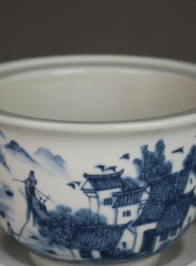 80年代青花江南水乡陶瓷花盆多肉菖蒲盆栽盆怀旧花盆仿古怀旧瓷器
