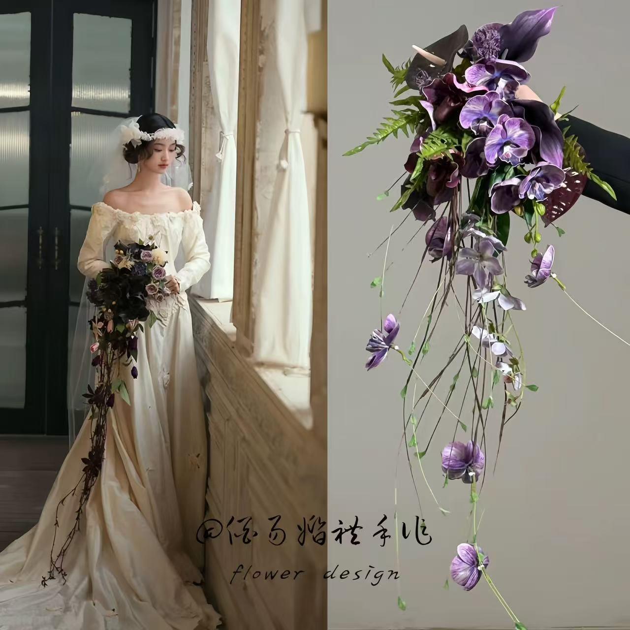 紫色瀑布婚礼仿真手捧花婚纱影楼摄影拍照道具花中式仿真蝴蝶兰