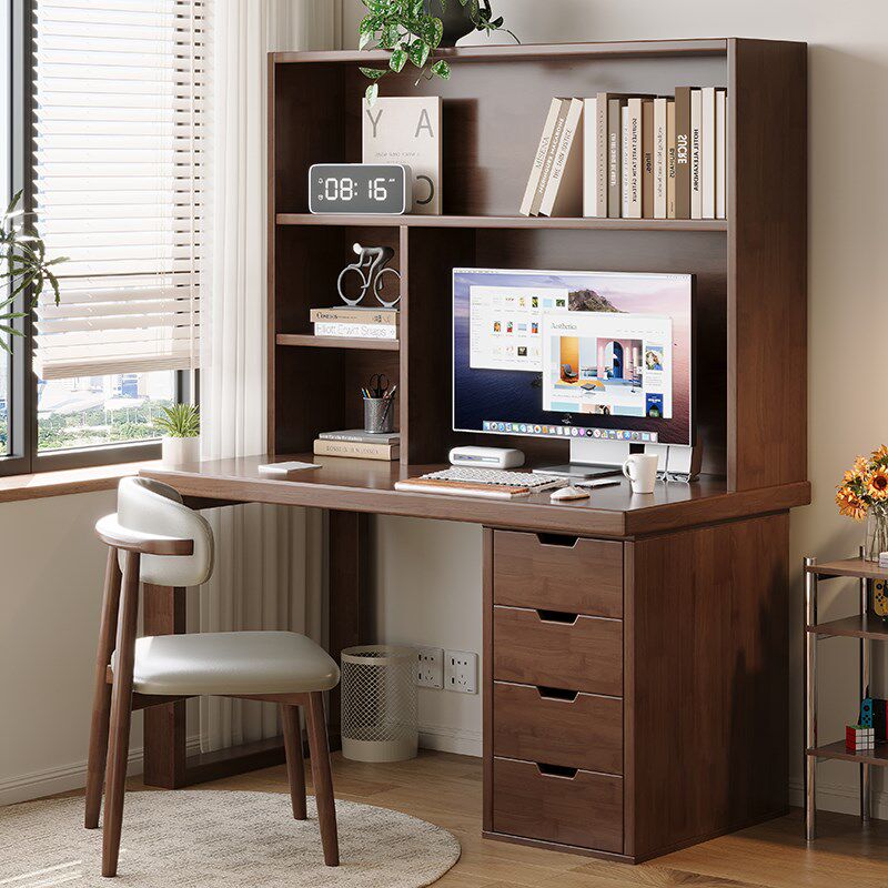 实木书桌家用小孩学习写字桌带书柜书架一体卧室成人台式电脑桌
