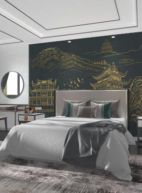 金SCH山中楼阁意境山水画墙纸式电视景背墙壁茶楼客厅定制壁纸画