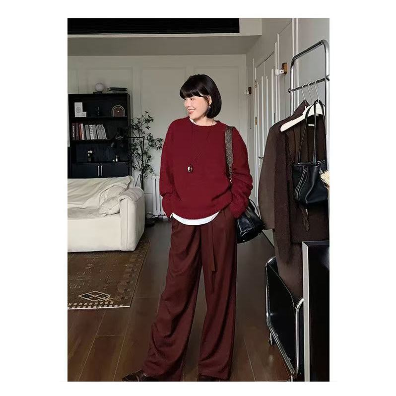 复古优雅安卡拉红休闲裤直筒宽松版型显瘦舒适时髦百搭通勤款