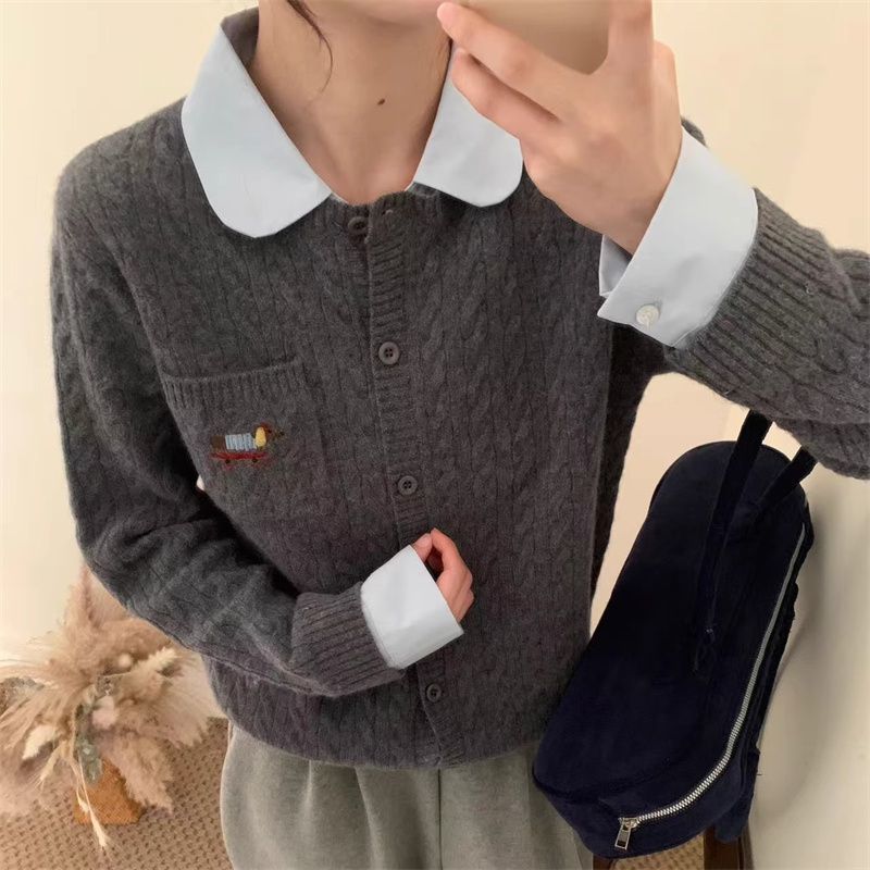 美式复古个性小狗卡通刺绣休闲韩系针织开衫POLO领百搭毛衣外套女