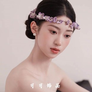婚纱紫色花环头饰森系新娘婚礼服花童拍照度假手工小花朵头纱发饰