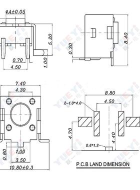轻触-按键6*BSA6*4.311平贴片式支架1.固0定头6*6侧贴整下两脚盘
