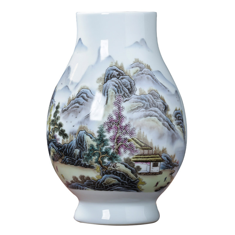 景德镇陶瓷器粉彩山水画大口花瓶插富贵竹摆件中式家居客厅装饰品