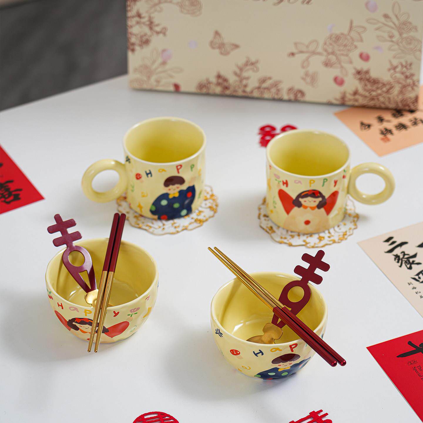 新婚物送人闺蜜高级感卡通情侣餐具新礼KW-0160盒碗订婚结婚筷套