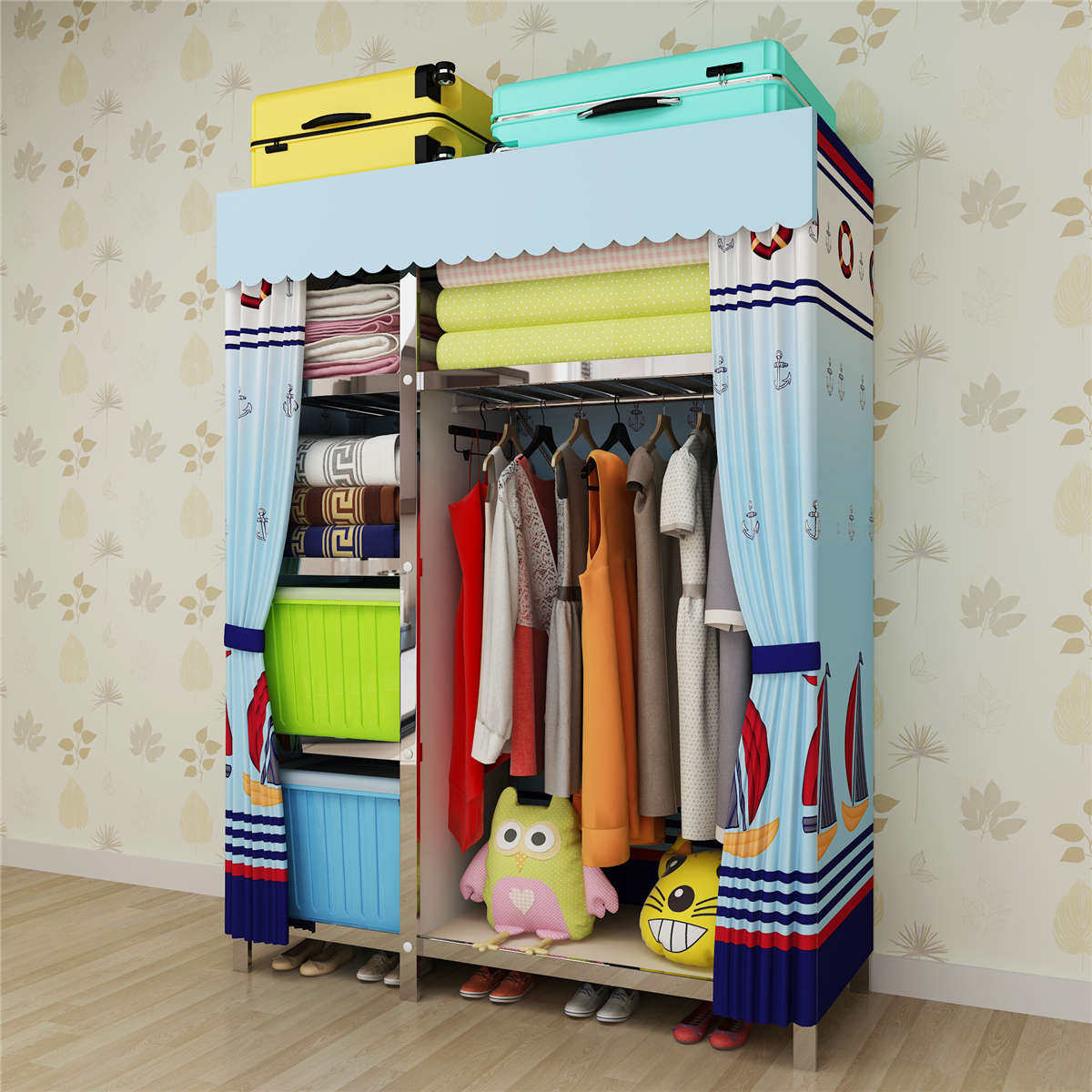 简易衣柜寝室双人牛津布收纳不锈钢挂加厚钢架衣橱全衣柜组装钢管