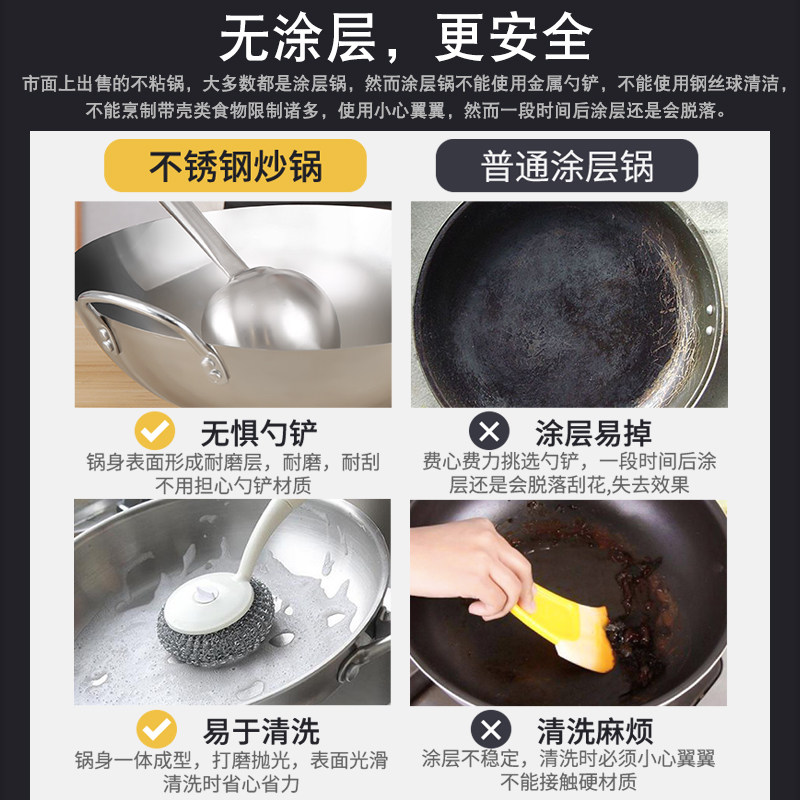 双耳锅不锈钢炒锅带盖炒菜锅炒加厚底家用特大号铁锅鼎厨师圆商用