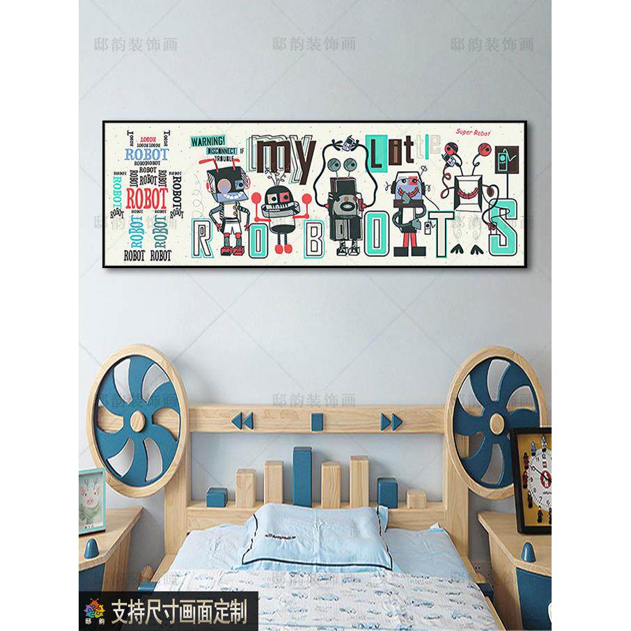 孩房间室孩卡通动物挂画男HPQ儿童房卧头壁画床蓝色背景墙横版装