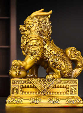 铜麒麟摆件公母一对纯宅直八卦头家居踩黄铜镇火麒麟聚宝盆办公室