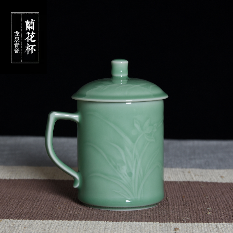 龙泉青瓷大号茶杯陶瓷杯子带盖茶杯水杯办公杯酒店会议室泡茶杯子