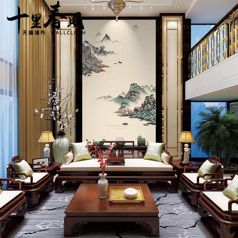 高端刺绣无缝墙布客厅沙发电视绣新书房布中式独现代背景墙山水壁
