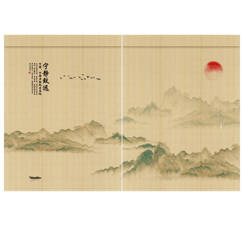 竹帘卷帘新中式阳台遮阳帘茶室客厅隔间山水画挂画窗户卷拉式窗帘