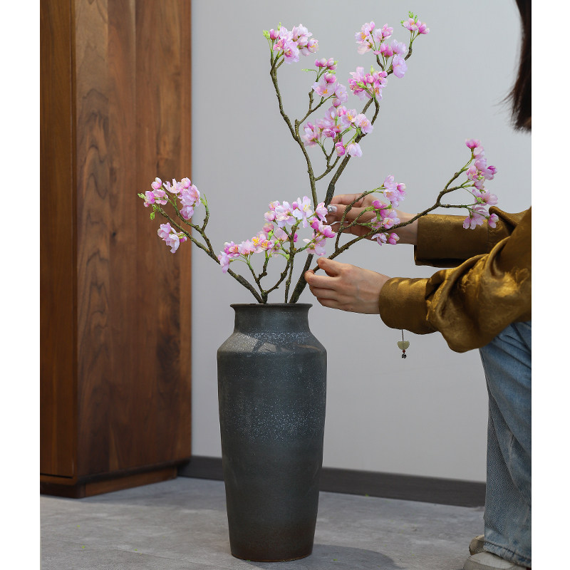 芙菡居品新中式粗陶花瓶客厅玄关电视柜落地陶罐大号插花禅意摆件