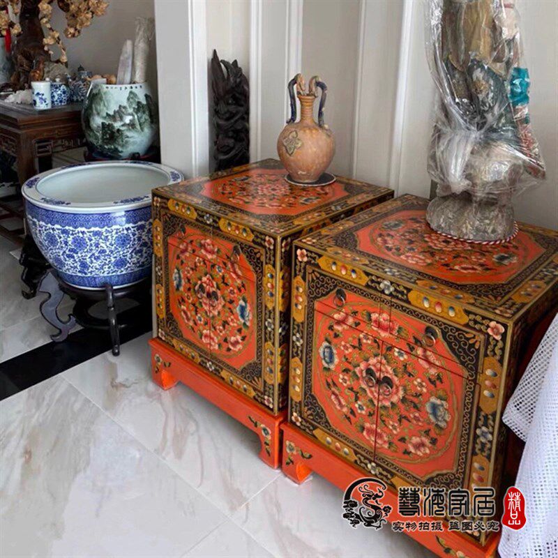 中式手绘藏式衣箱电话桌沙发边几西藏彩绘古典家具实木复古柜子