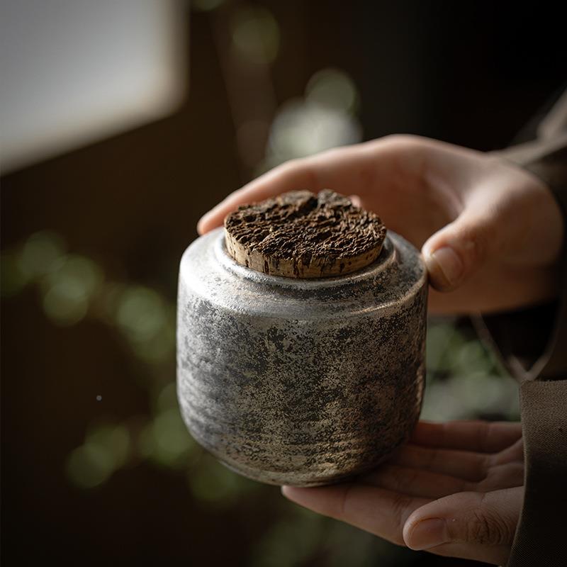 银烧银箔日式粗陶木SY-015-塞小号茶叶罐鎏密封潮罐防子家用容小