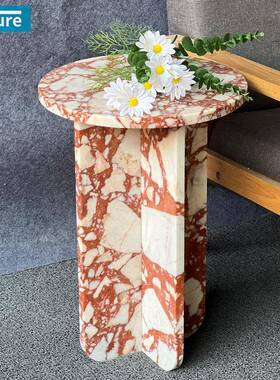 现代轻奢天然红色大理石边桌客厅卧室家用沙发装饰边几角几小圆桌