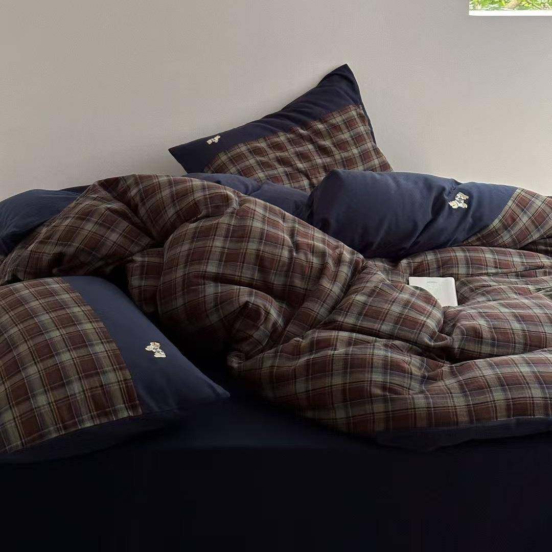 英伦风格子全棉双层纱四件套萌犬刺绣纯棉复古风蓝色被套床上用品,电子元器件市场,其它元器件,淘宝优惠券,粉丝福利购,淘宝优惠卷
