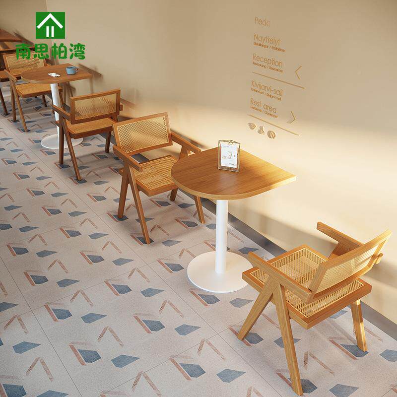 北网红奶茶甜欧品咖啡厅实木桌椅组合日式咖店啡店餐编藤餐481156