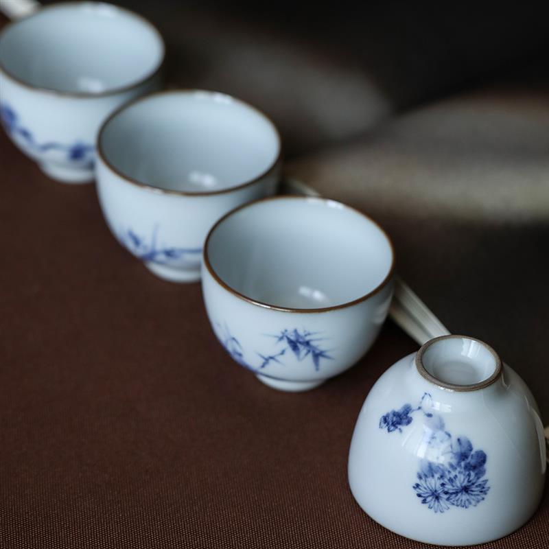 景德镇手工绘制官汝窑釉下青花花鸟功夫品茗茶具陶瓷仿古单杯官窑