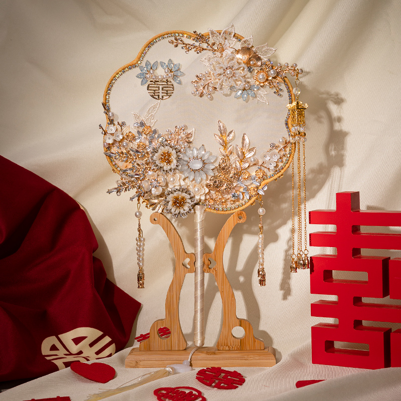 定制新娘中式婚礼团扇古风秀禾服扇子手捧花扇DIY材料包结婚喜扇