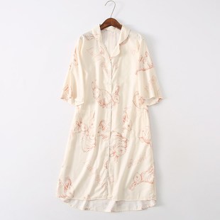 夏季薄款人棉冰丝府绸日系卡通女士短袖睡裙睡衣家居服韩版家居裙