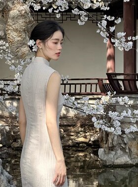 Ti提提 昭昭侘寂风 灰白色 褶皱中式改良长旗袍国风新款长裙夏