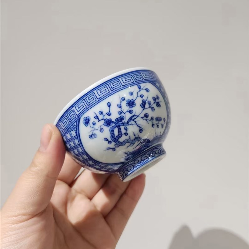 恒福仿古普惠主人单杯陶瓷功夫喝茶杯茶碗盖碗三才碗青花寿桃山水