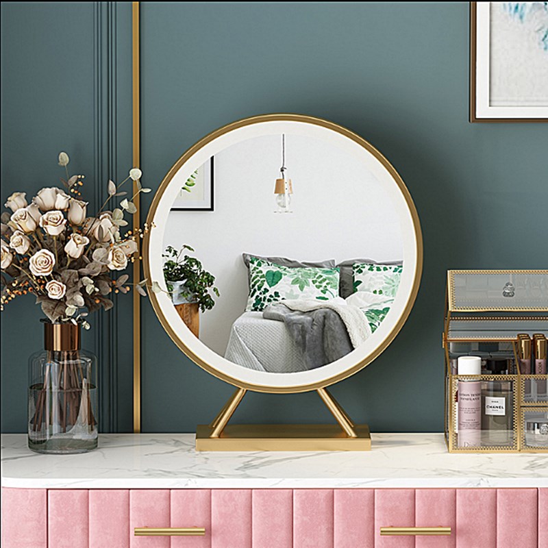 台式桌面带灯LED梳妆镜圆发光美发理发店发廊美容化妆镜双面镜子