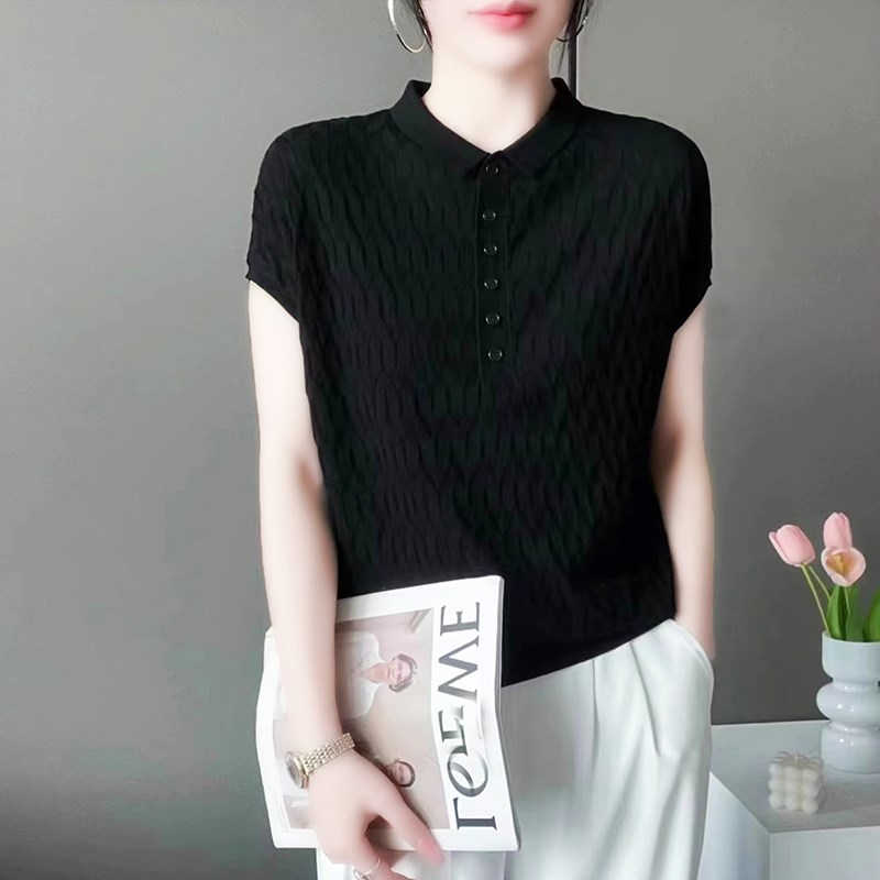 2024夏季新款高级感翻领菱形格宽松漂亮短袖套头百搭针织衫上衣女