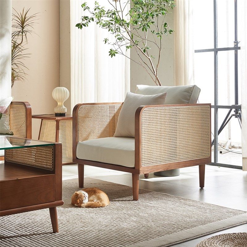 藤编大师北欧实木藤编沙发组合民宿休闲侘寂风客厅小户型单三人位,住宅家具,实木沙发,淘宝优惠券,粉丝福利购,淘宝优惠卷