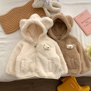 一岁婴儿宝宝冬装毛毛开衫外套女童带帽保暖加绒棉衣连帽上衣男童