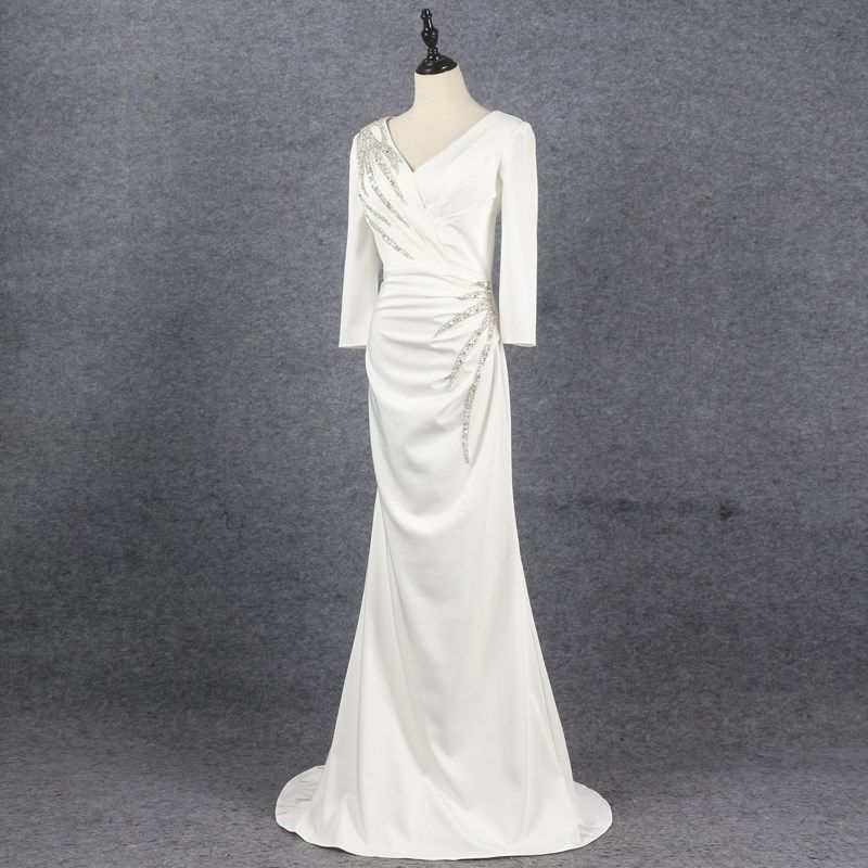 白色晚礼服收腰显瘦包臀鱼尾连衣裙简约气质舞台主持人年会演出服