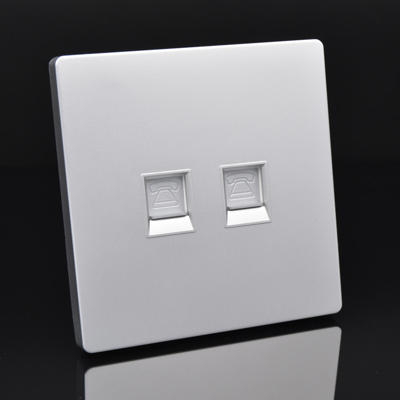 银色双口电话插座86型二位语音开关RJ11免打电话线模块信息口面板