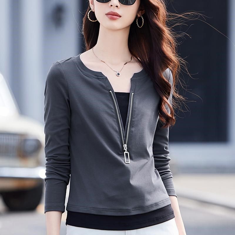 纯棉灰色V领拉链长袖T恤女春秋新款拼接修身显瘦假两件上衣打底衫
