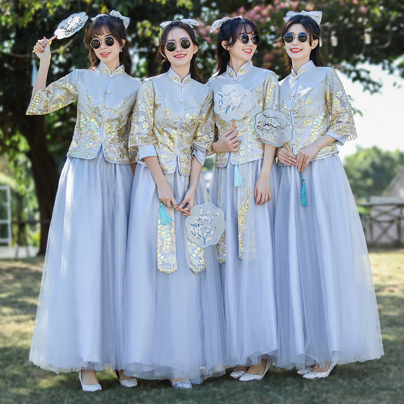 中式伴娘服香槟色新娘结婚礼服国风秀禾旗袍2021新款姐妹团伴娘裙