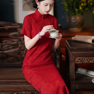 红色旗袍一片式无省民国少女年轻气质全开襟古法传统大学生日常