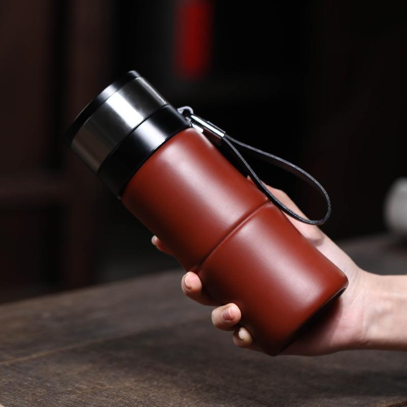 宜兴紫砂杯双层防烫 一键启盖+螺纹开盖光素竹节男女通用便携杯