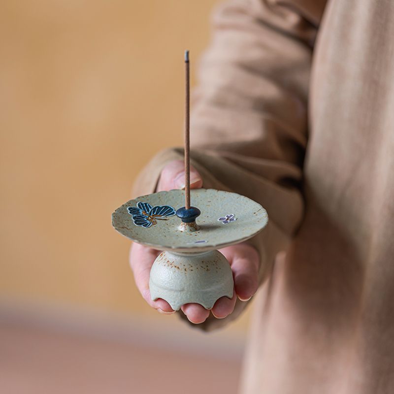 手绘青花火石红幻色蝶香插线香香座茶道配件茶桌檀香线香拖