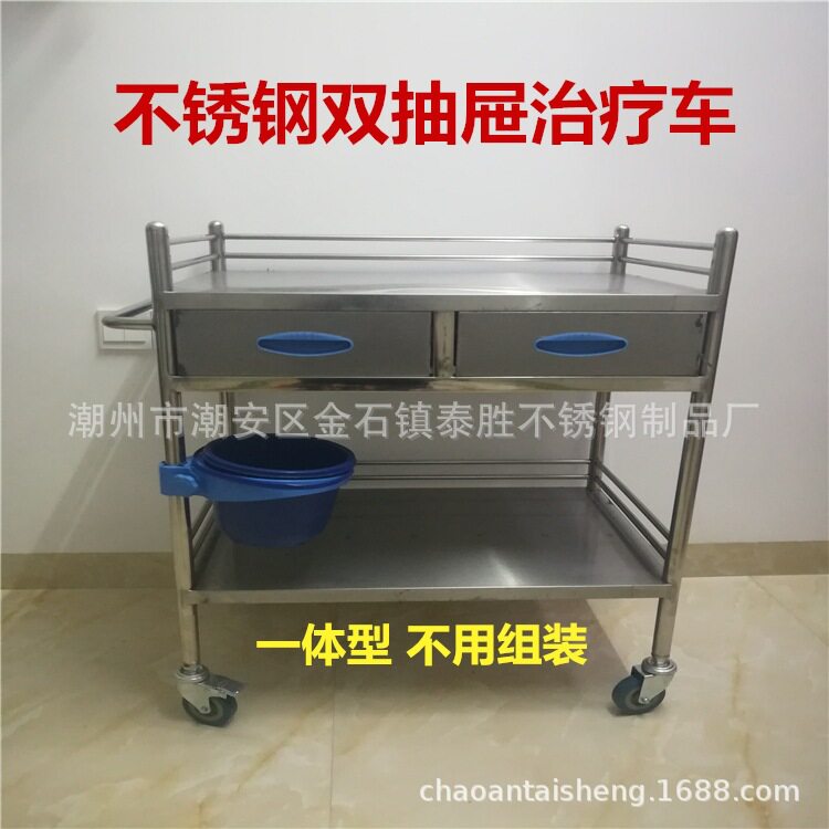 批发加厚大号双层双抽屉器械车 带塑料垃圾桶 带刹车轮可移动推车