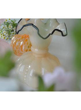 中古奶黄色芬风法式南瓜花瓶珠手工琉璃玻QL31A璃家插花顿器软装