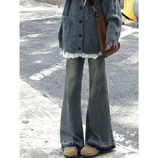不贴腿微喇叭牛仔裤女小个子秋冬2024新款复古高腰显瘦宽松阔腿裤