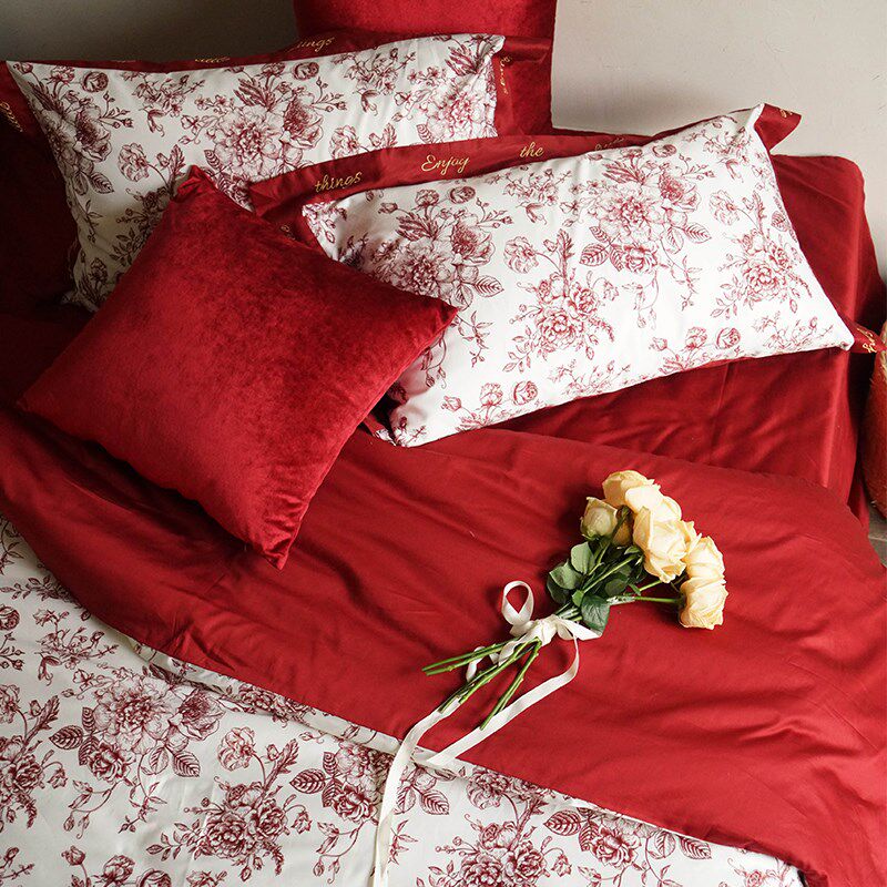 云缇红色婚庆四件套纯棉全棉喜被结婚礼物婚礼床上用品
