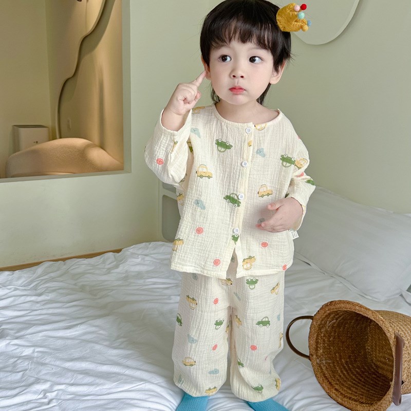 简约风儿童睡衣春秋纯棉男女童夏季宝宝家居服薄款纱布婴儿小童套
