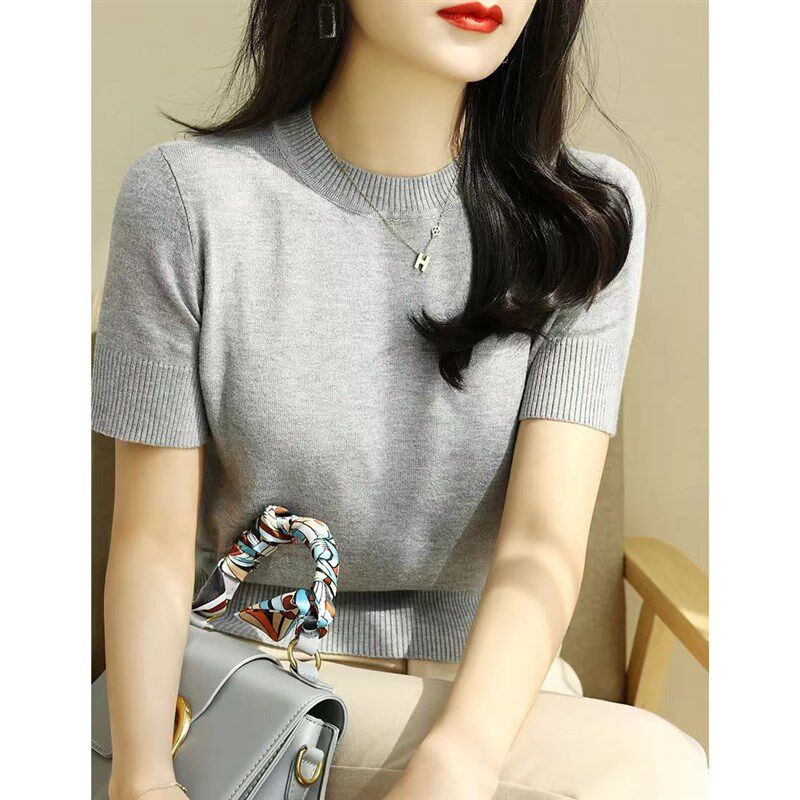 高级法式半高领短款t恤上衣女夏季2024新款修身短袖针织打底衫薄