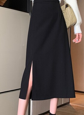 黑色半身裙女夏季2025大码高腰显瘦a字裙胖m中长款西装直筒开叉裙